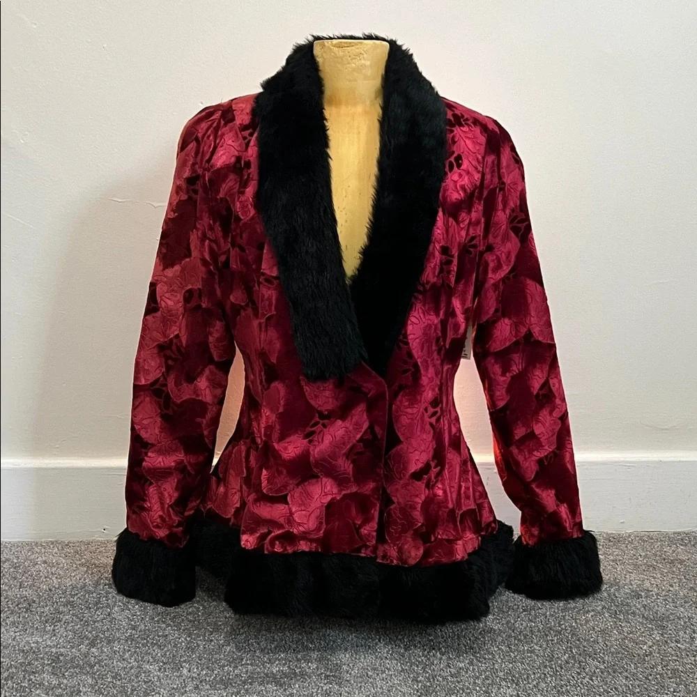 Elegant Custom Made Red Velvet Embossed Jacket w/ Black Furr Accents - Picture 1 of 7